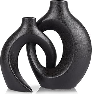 Ceramic Vase Set of 2, Modern Hollow Donut Vases for Flowers, Nordic Minimalist Vases for Home Decor Living Room Decor, couple ceramic vase (Matte Black)