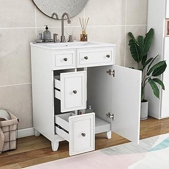 24" Bathroom Vanity with Sink, Free Standing Single Basin Vanity Set with Two Drawers and One Door, Modern Wooden Bathroom Cabinet with Ceramic Basin for Bathroom, White