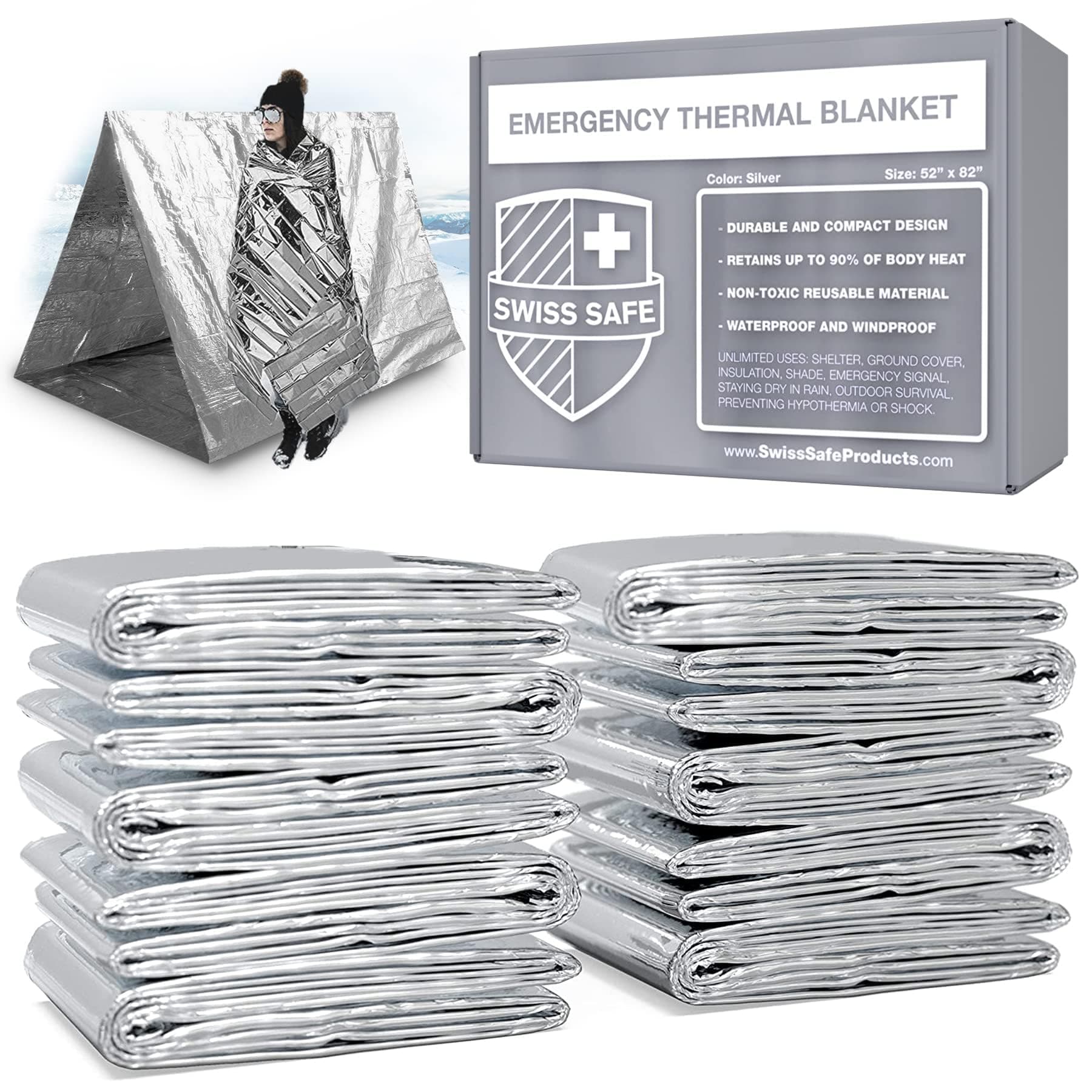 Swiss Safe Emergency Mylar Thermal Blankets + Bonus Space Blanket - Compact & Insulated for Cold Weather - Designed for NASA, Outdoor Camping, Survival, First Aid Car Kit - Silver, 25 Pack