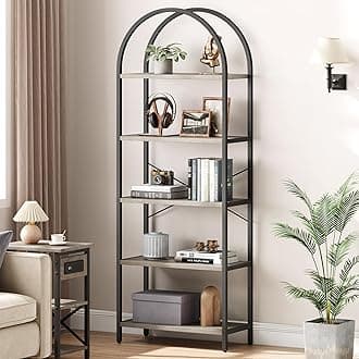 IDEALHOUSE Bookshelf 5 Tier Bookcase Arched Display Racks Tall Standing Bookshelves Metal Frame Modern Storage Rack Shelf Large Wood Book Shelf for Bedroom, Living Room, Home Office