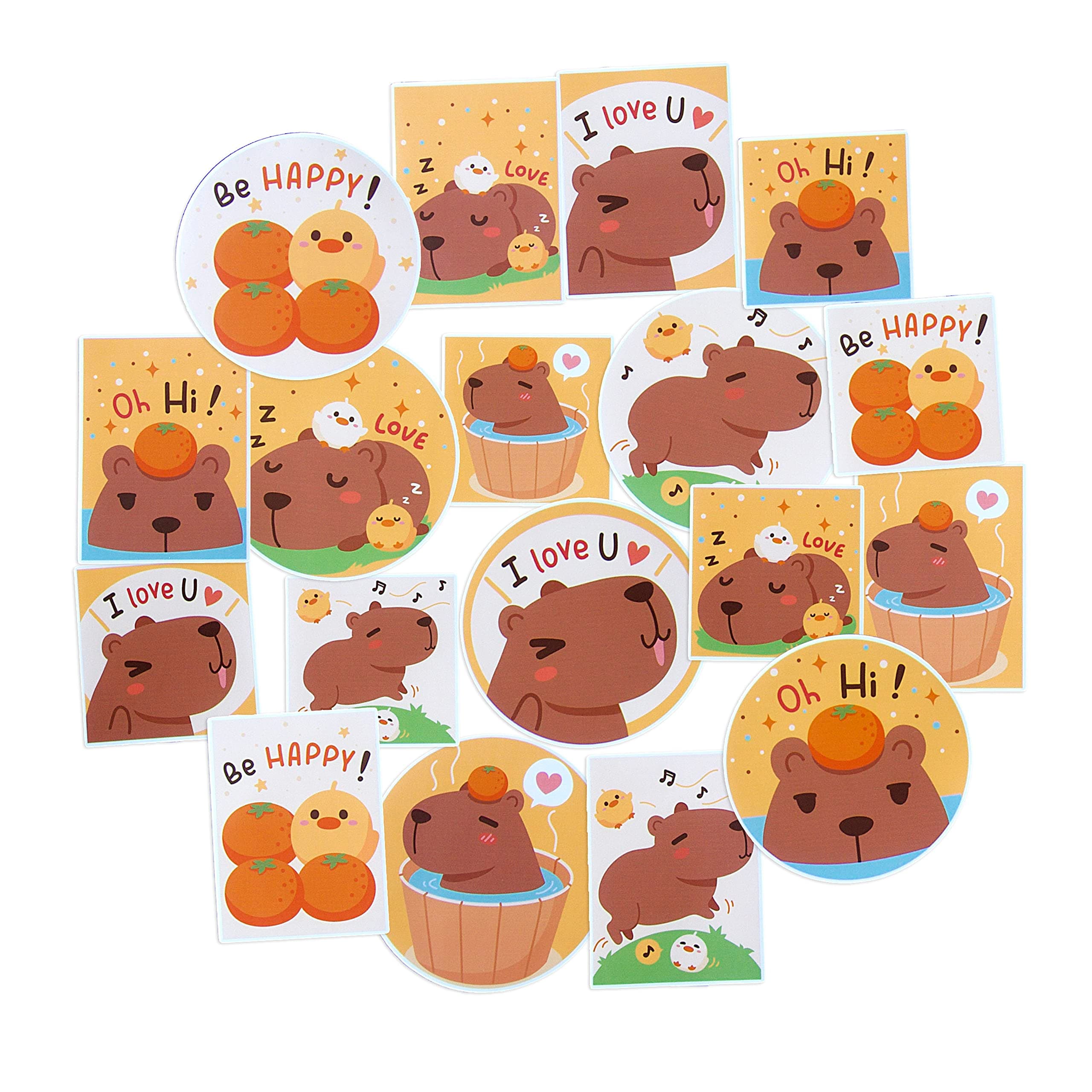 Navy Peony Happy Capybara Sticker Set (18-Pack) - Waterproof, Durable, Animal Themed | Square, Vertical Stickers for Planners | Big, Round Decals for Laptops, Water Bottles