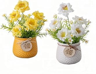 LUEUR Artificial Rose Flower with Small Ceramic Pot Spring Decor Fake Silk Variety Flower in Pot Decoration for Table Home Party Office Wedding Yellow and White Color
