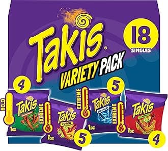 Takis 18 pc / 1 oz Variety Pack, Assorted Flavored Mixed Rolled Tortilla Chips – (5) Fuego 1 oz, (5) Blue Heat 1 oz, (4) Nitro 1 oz, (4) Crunchy Fajitas 1 oz
