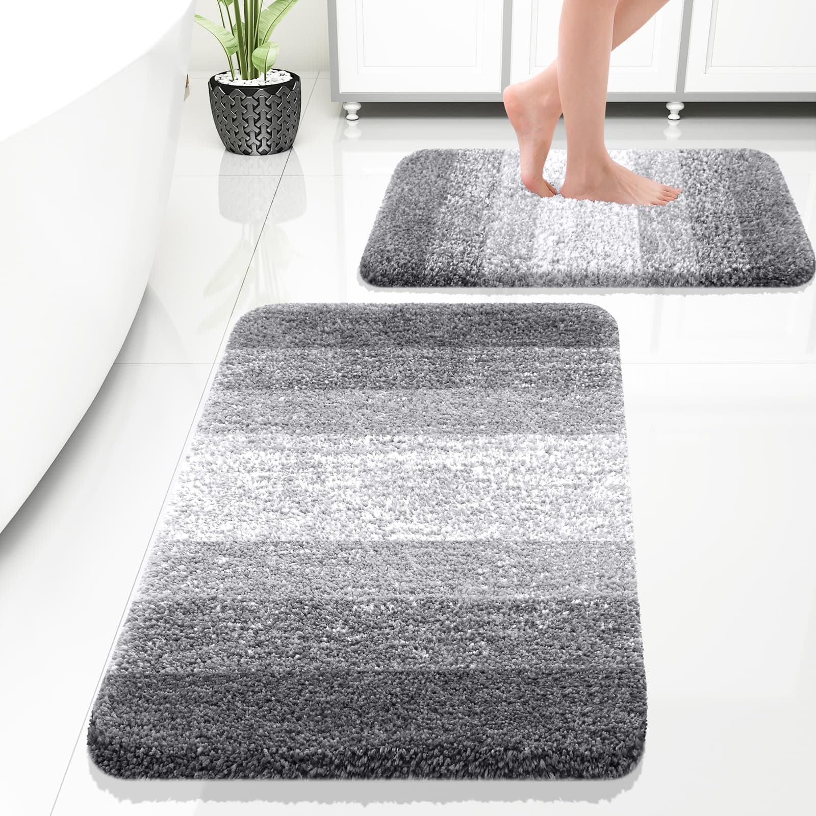 OLANLY Bathroom Rug Set 2 Piece, Soft Absorbent Microfiber Bath Rug Set, Non-Slip, Machine Wash Dry, Plush Shaggy Bath Mats for Bathroom (30"x20"+24"x16", Grey)