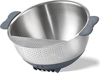 Rice Washer Strainer Bowl Quinoa Washing Bowl 18/10 Stainless Steel Colander Versatile Good Grips Side Drainers for Cleaning Rinsing Fruits, Vegetables, and Beans - Tilting Non-slip Silicone Bottom