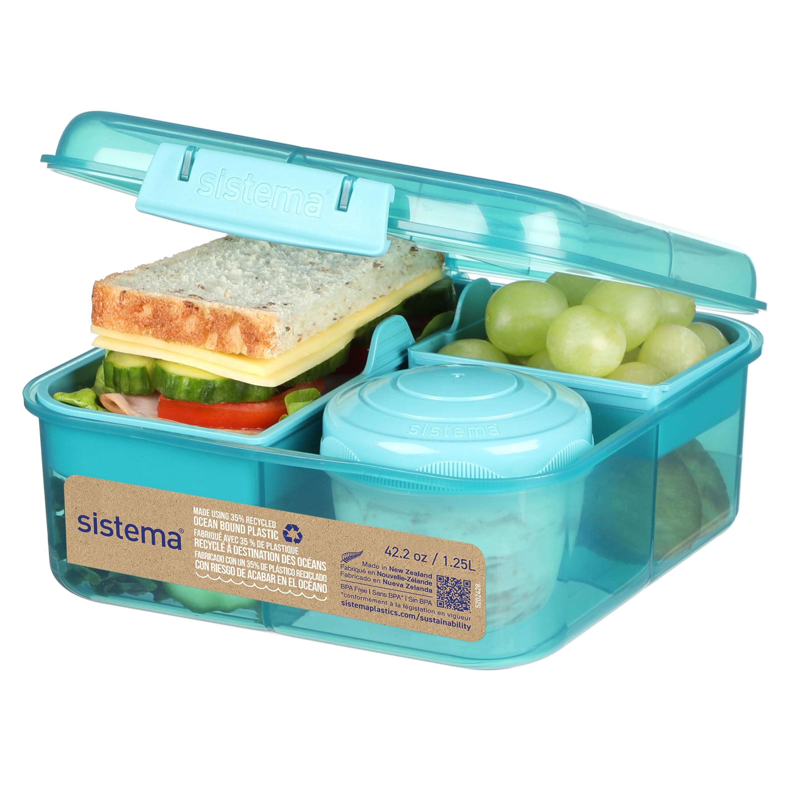 Bento Box | 1.25 L | School Lunch Box with Compartments & Snack Pot | BPA-Free | Made Using Ocean Bound Plastic | Teal Stone | 1 Count