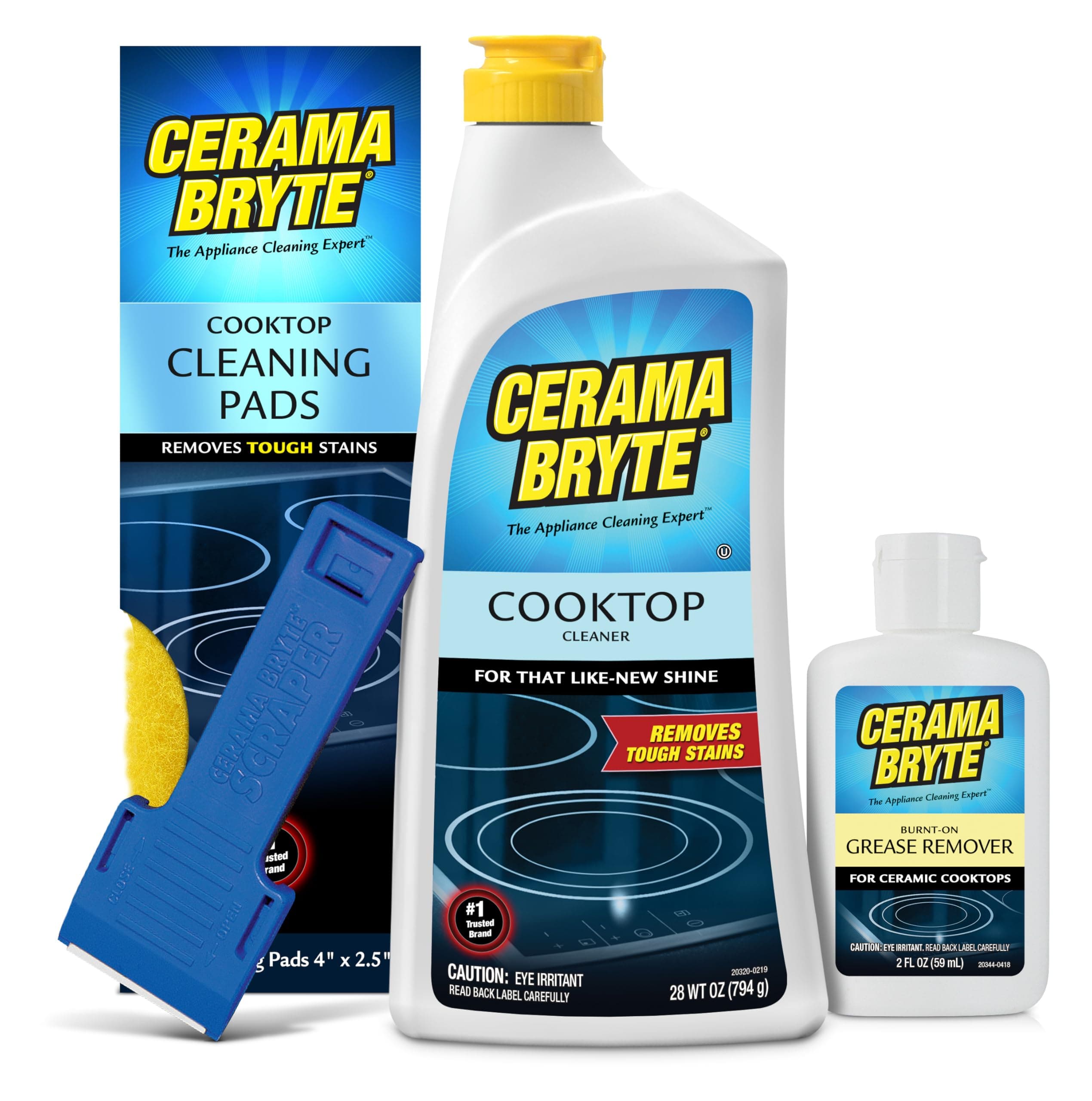 Cerama Bryte Best Value Kit: Ceramic Cooktop Cleaner 28oz, Scraper, 11 Pads, Burnt-on Grease Remover 2oz