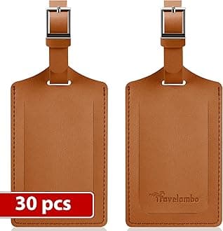 Travelambo Luggage Tags for Suitcases Faux Leather Privacy Protection 30 Pack Bag Tags Travel Accessories Essential, Yellowish Brown