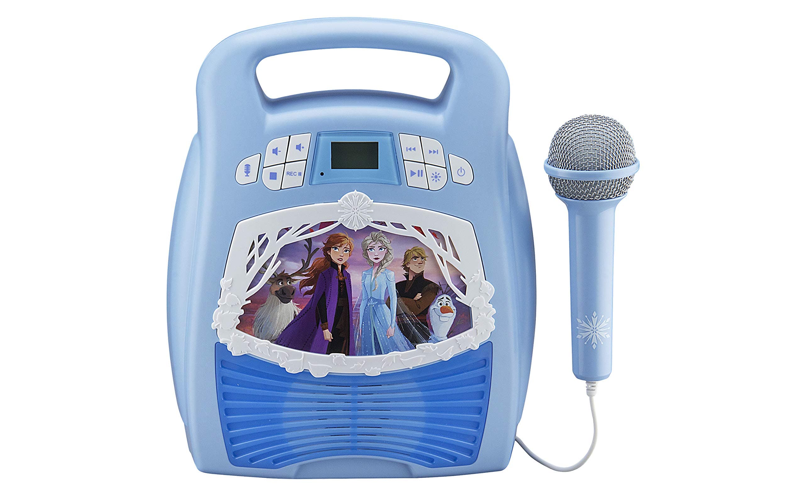 Frozen 2 Bluetooth Portable MP3 Karaoke Machine Player with Light Show Store Hours of Music with Built in Memory Sing Along Using The Real Working Microphone USB Port to Expand Your Content