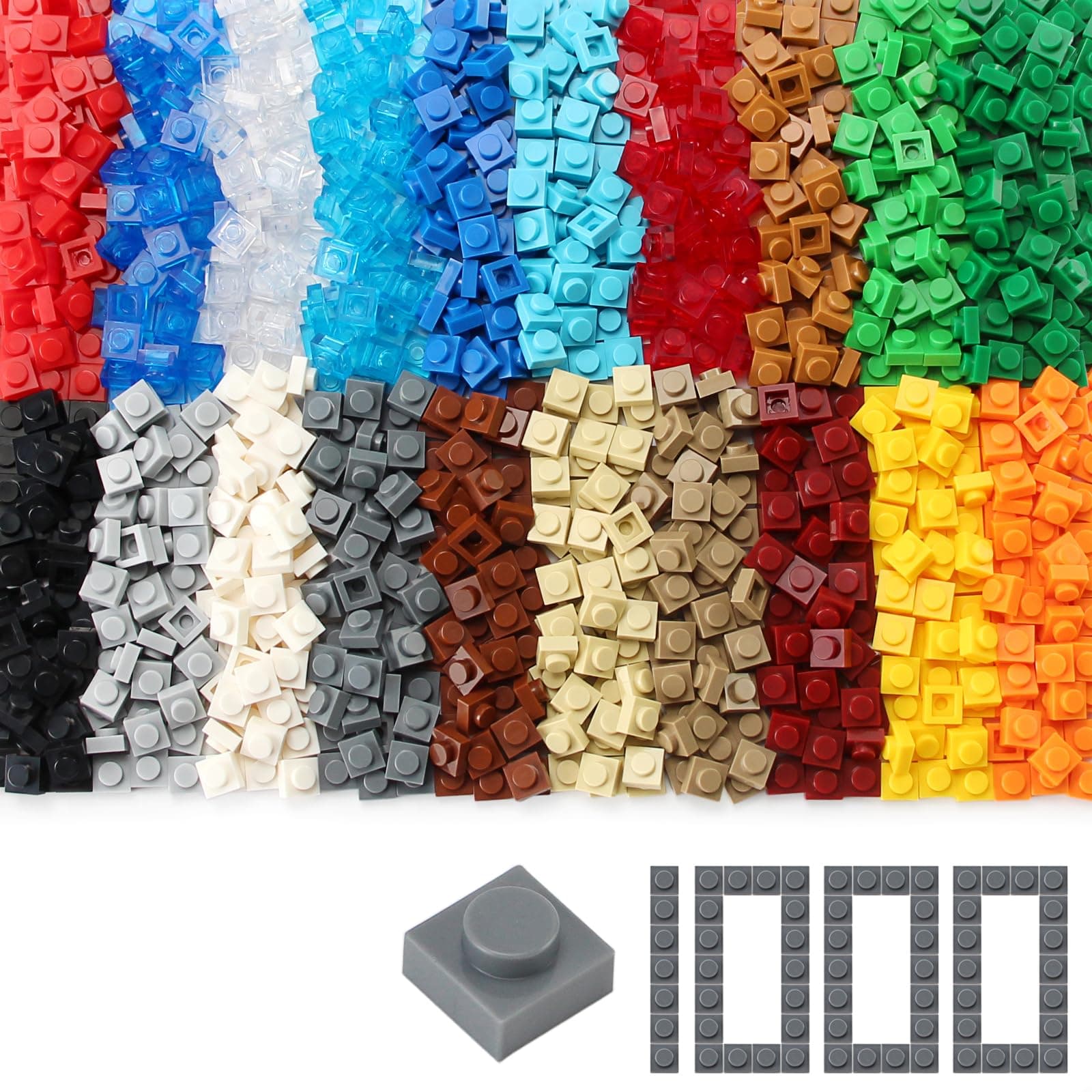 Basic 1000 Pieces Plate 1x1 Bricks Creative 20 Colors Parts Building Play Blocks Set Toy Compatible with 3024 Accessories for Kids
