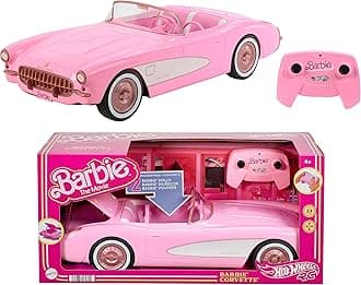 Hot Wheels Remote Control Car, Barbie Corvette From The Movie, Battery-Operated RC Toy Car, Holds 2 Dolls, Trunk Opens for Storage, HPW40