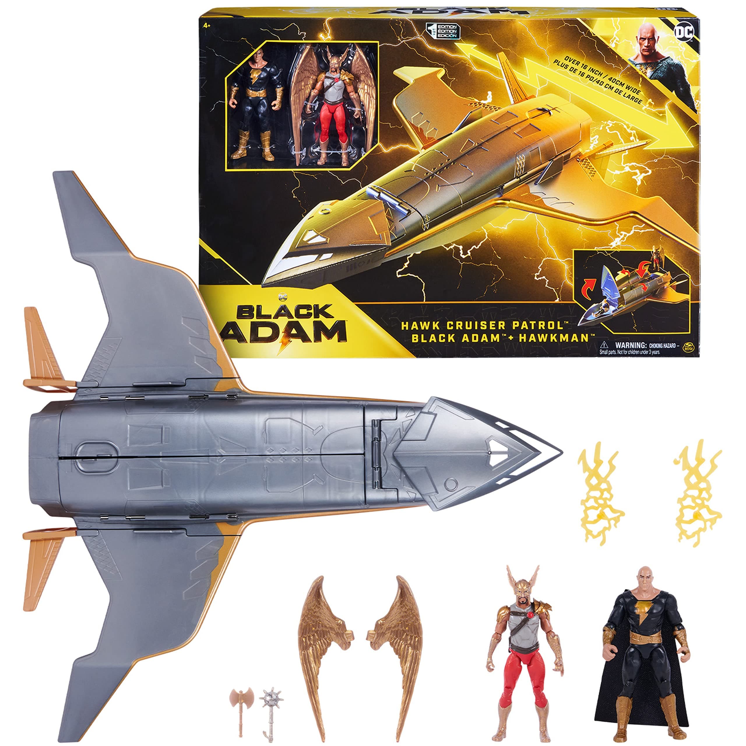DC Comics, Hawk Cruiser Patrol, Includes Black Adam and Hawkman Action Figures, Over 16-inch Wide, First Edition, Super Hero Kids Toys for Boys and Girls Aged 4 and Up