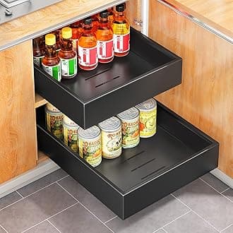 SAYZH Pull Out Cabinet Organiser, Heavy Duty Slide Out Drawer Storage Shelves for Kitchen Cupboard, Extendable Sliding Drawer(43 CM Depth x 25 CM Width x 9CM Height), No Need Drill(Black)