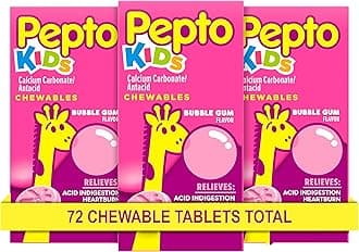 Kid's Bubblegum Flavor Chewable Tablets for Heartburn, Acid Indigestion, Sour Stomach, and Upset Stomach for Children 3 x 24 ct - 72 Total