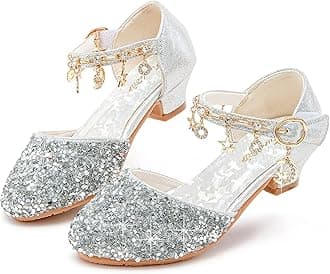 Furdeour Girls Sandals Sparkly Bow Princess Dress High Heels Party Wedding Flower Shoes for Toddler Girls