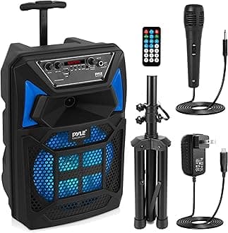 Bluetooth PA Speaker & Microphone System - Portable Karaoke Speaker with Wired Mic, Built-in LED Party Lights, FM Radio, MP3/USB/Micro SD Readers, Speaker Stand (8’’ Subwoofer, 400 Watt MAX)
