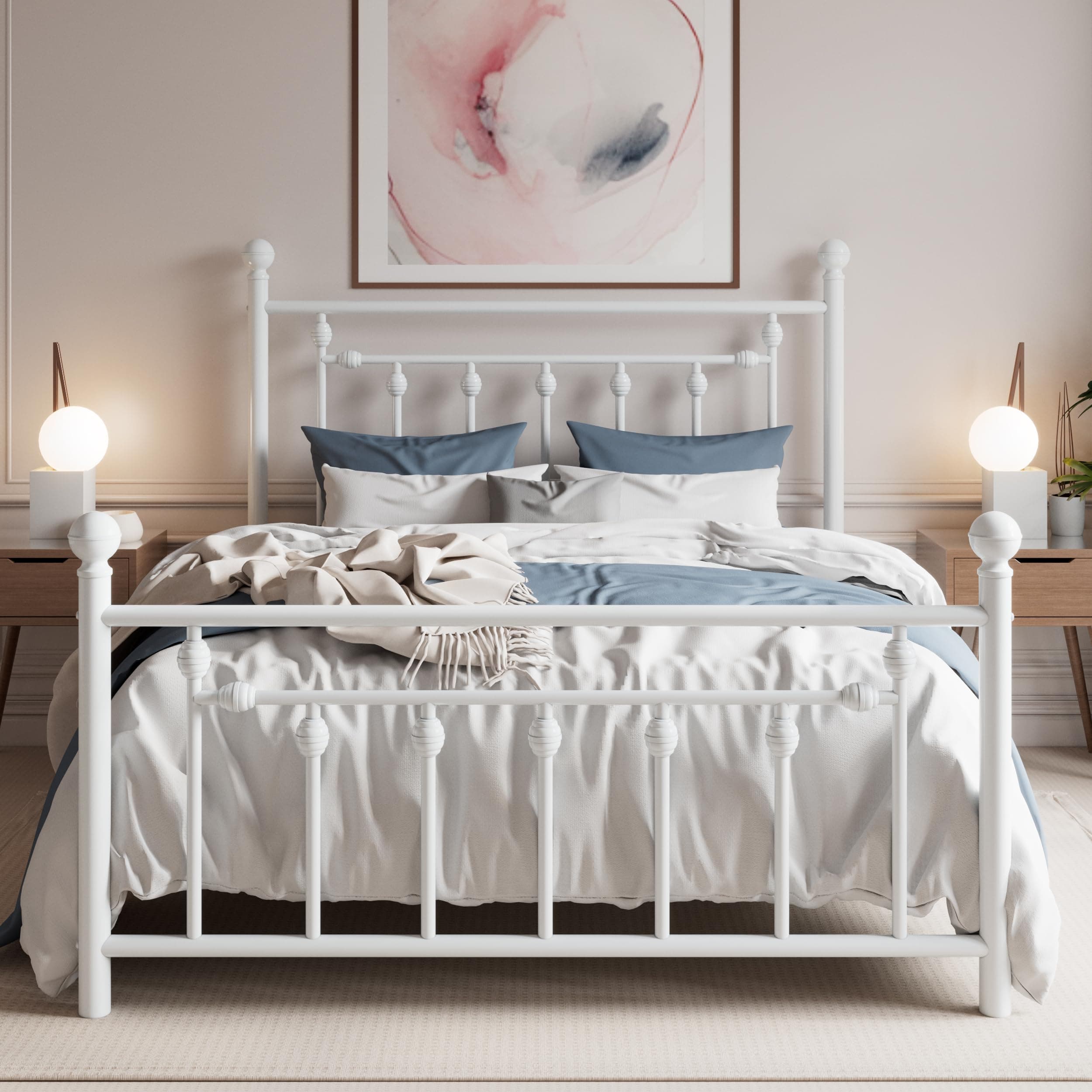 14'' Queen Size Metal Platform Bed Frame/Victorian Headboard and Footboard/Steel Slats Mattress Foundation for Storage/No Box Spring Needed/Noise Free/Off-White