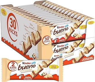 White Chocolate Bars with Hazelnut Filling, 30 Packs of 2, Bulk Chocolate Candy Bars for Game Day, Football Party Supplies, Snacks for Adults, 1.4 oz Per Pack