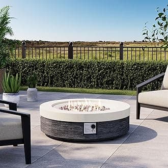 COSIEST 42" Outdoor Propane Fire Pit Table Round Gas Fire Pit Table with Concrete & Wood Grain Design, 50000BTU Electronic Ignition Fire Tables for Patio, Backyard, Garden Heating