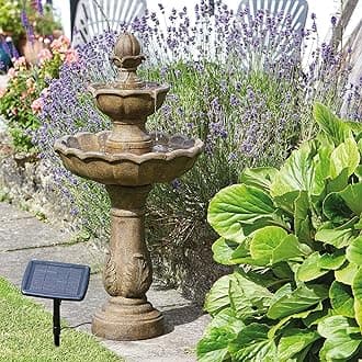 Garden Mile Novelty 3 Tier Cascade Kingsbury Water Fountain - Solar Powered Freestanding Stone Bird Bath Water Feature - Garden Ornament Outdoor Decorative Centrepiece for Pond, Patio and Lawn Decor