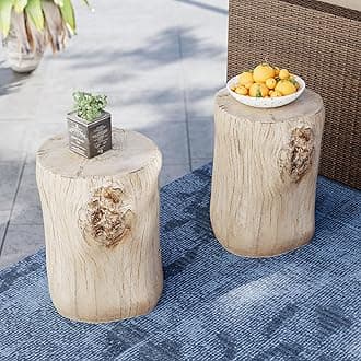 SUNBURY Outdoor Side Table Set of 2, Tree Stump Side Table Antique Beige Colo...