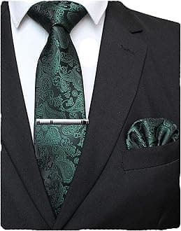 Mens Solid Color Paisley Necktie and Pocket Square with Tie Clip Sets
