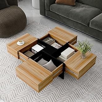 Square Coffee Table 4 Hidden Storage Compartments Cocktail Table with Extendable Sliding Tabletop UV High-Gloss Center Table for Living Room Brown