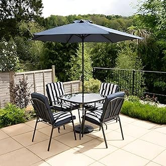 4 Seater Metal Garden Furniture Outdoor Dining Set with Table and Parasol in Navy and White Stripe
