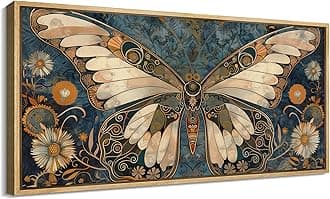 SIGNFORD Extra Large Framed Canvas Print Wall Art Intricate Butterfly Illustration with Floral Elements Illustrations Modern Art Warm for Living Room, Bedroom, Office - 60"x30"