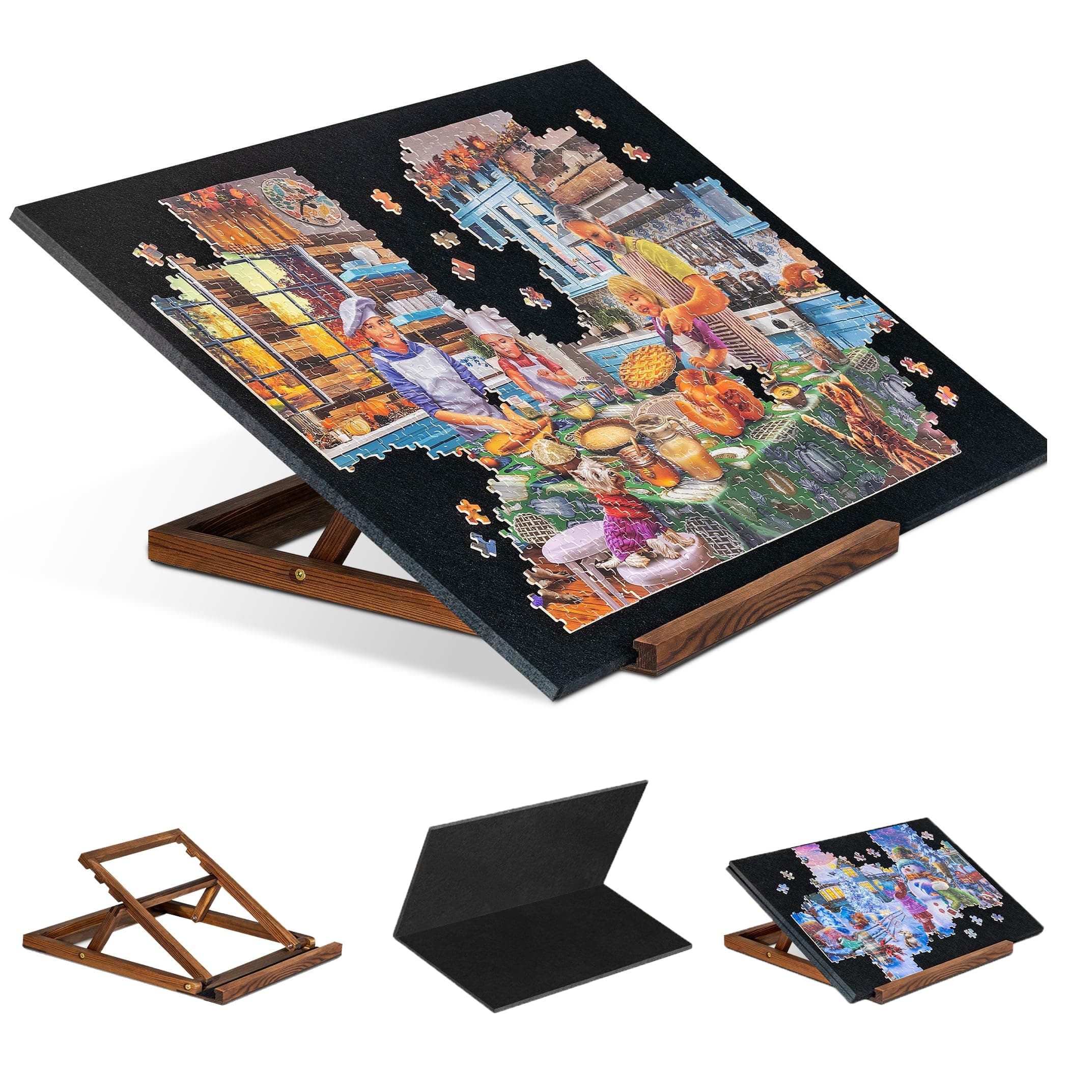Foldable Jigsaw Puzzle Board with 3 Angle Adjustable Bracket/Stand, Lightweight Portable Puzzle Mat Plateau with Wooden Easel, Foldaway Felt Puzzle Table, for Up to 1000 Pieces - Black