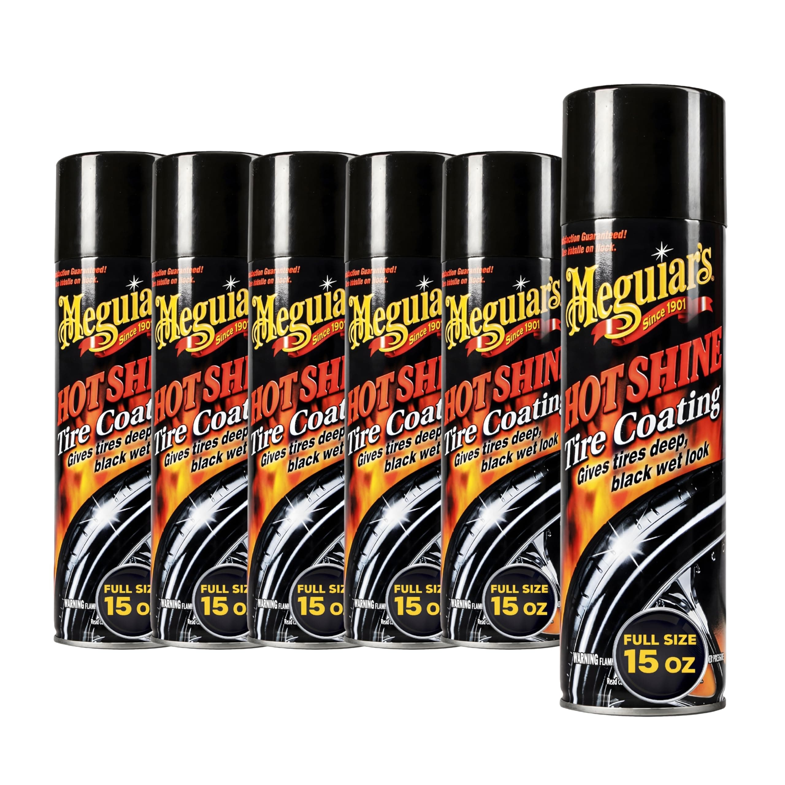 Meguiar's Hot Shine High Gloss Tire Coating, 6 Pack (6 x 15 oz = 90 oz Total) Aerosol Tire Shine Spray for Deep Black Wet Look Tires on Cars Trucks and SUVs After Car Wash Detailing