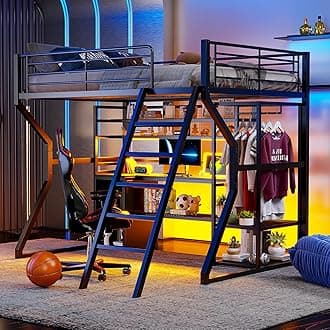 Full Size Gaming Loft Bed with Desk & Light, Metal Loft Bed Frame with Cabinet & Shelves, Heavy-Duty Lofts Beds with Ladder for Kids Teens Adults, Black