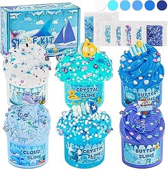 LAWOHO 6 Packs Slimes, Blue Slime Kit - Cloud, Clear & Butter Slime Making Kit for Kids, Fluffy Slimes Kits for Girls & Boys Party Goodie Bag Stuffers with Charms & Add-ins, 360ml Slime Party Favors