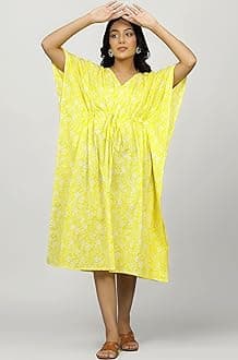 Ravaiyaa Women Printed Cotton V-Neck Knee Length Kaftan Dress Nighty