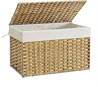 Storage Basket with Lid, Woven Blanket Storage Bin with Handles, Foldable, Removable Liner, Metal Frame, for Bedroom, Laundry Room, 27.7 Gallons (105 L), Natural URST066N01