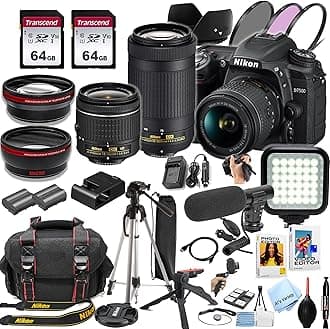 Nikon D7500 DSLR Camera Kit with 18-55mm VR & 70-300mm Lenses + 128GB Memory, LED Light, Microphone, Spare Battery, Filters, Case, Tripod, and More (47pc Video Bundle) (Renewed)