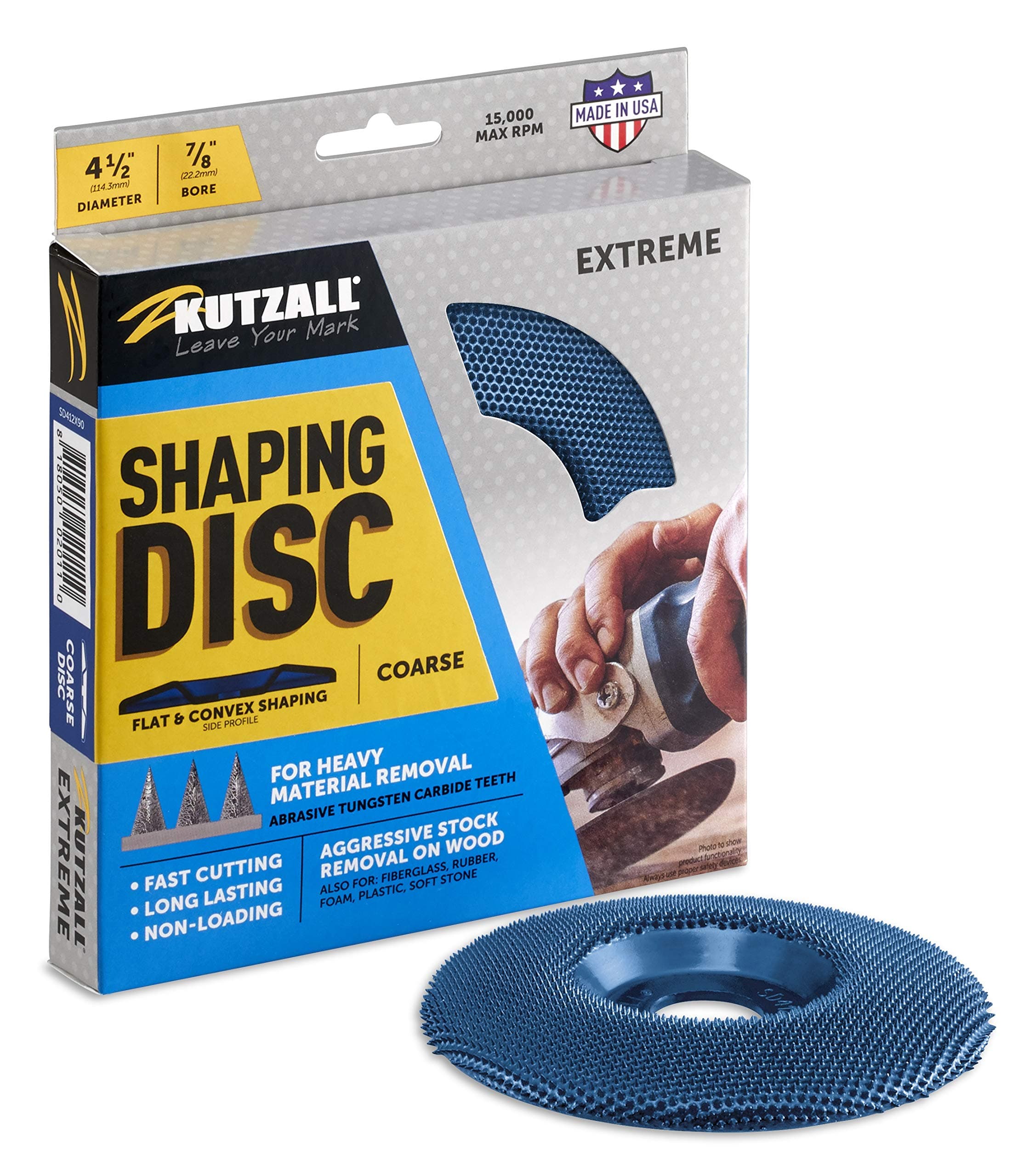 Kutzall Extreme Shaping Disc - Coarse, 4-1⁄2" (114.3mm) Diameter X 7⁄8" (22.2mm) Bore - Woodworking Angle Grinder Attachment for DeWalt, Bosch, Milwaukee. Abrasive Tungsten Carbide, SD412X90
