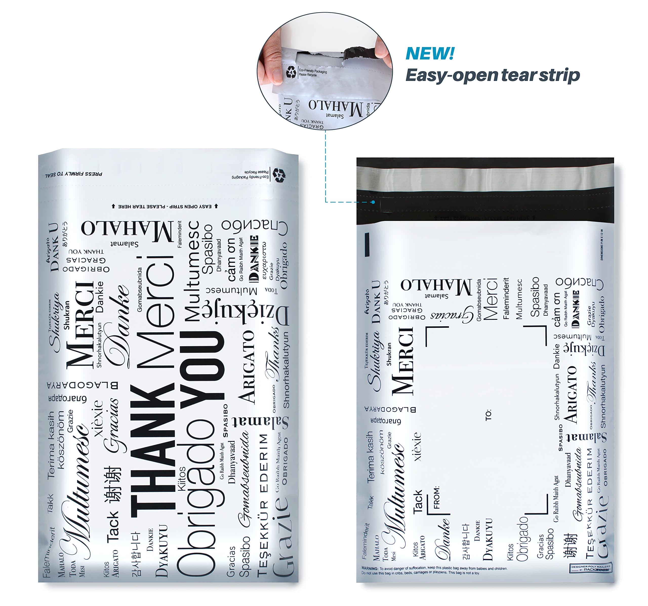 300 Designer Poly Mailers Combo Pack, Size 6x9, 8x10, 9x12, Easy Open Tear Strip, Global Thank You Design, Self Sealing, Super Strong Glue & Anti-Static Release Liner - 2.4 Mil Thick