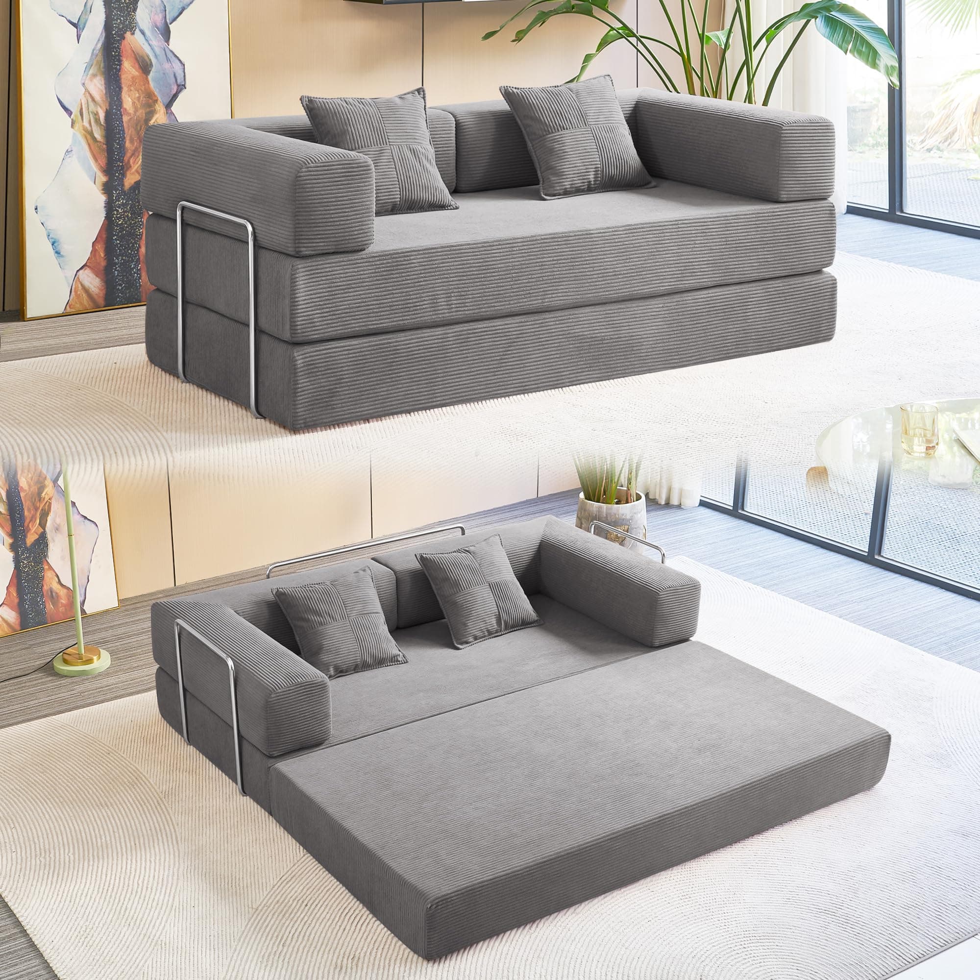 Compression Sofa - 78''Convertible Floor Sofa Bed - with Pillow Back Support Armrest - Comfy Foldable Sofa Bed Compressed Sofa in Box - Corduroy Fabric - for Living Room Bedroom(Grey)