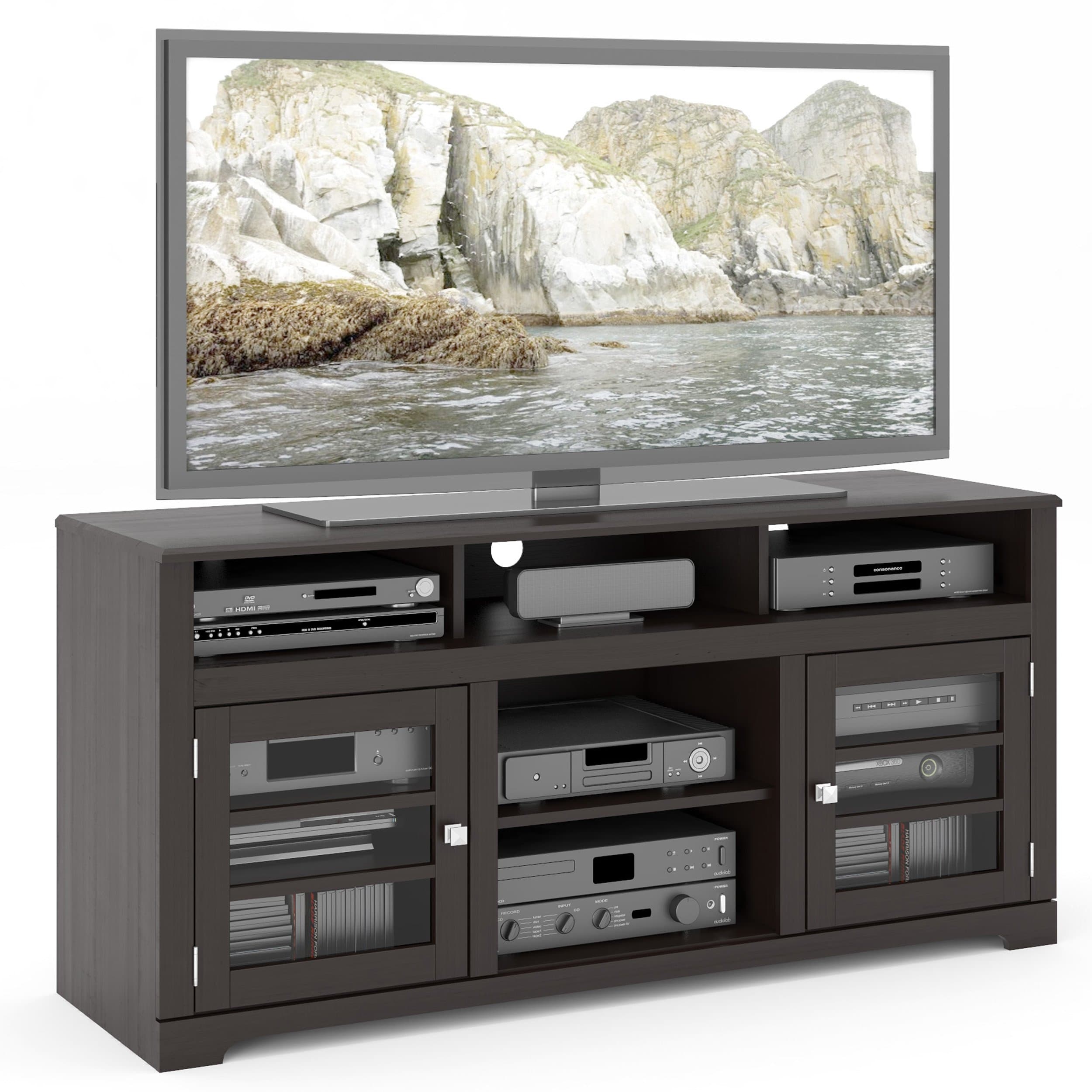 Sonax TWB-206-B West Lake TV Stand Component Bench Media Storage Unit in Mocha Black, for TV Up To 68"