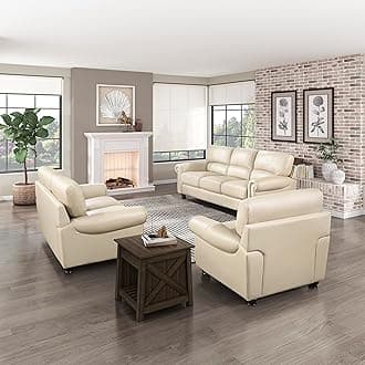 Lexicon Leather Sofa Set, Top Grain Leather Living Room Furniture Sets, Include Sofa Couch, Loveseat and Arm Chair, 3-Piece Set, Cream