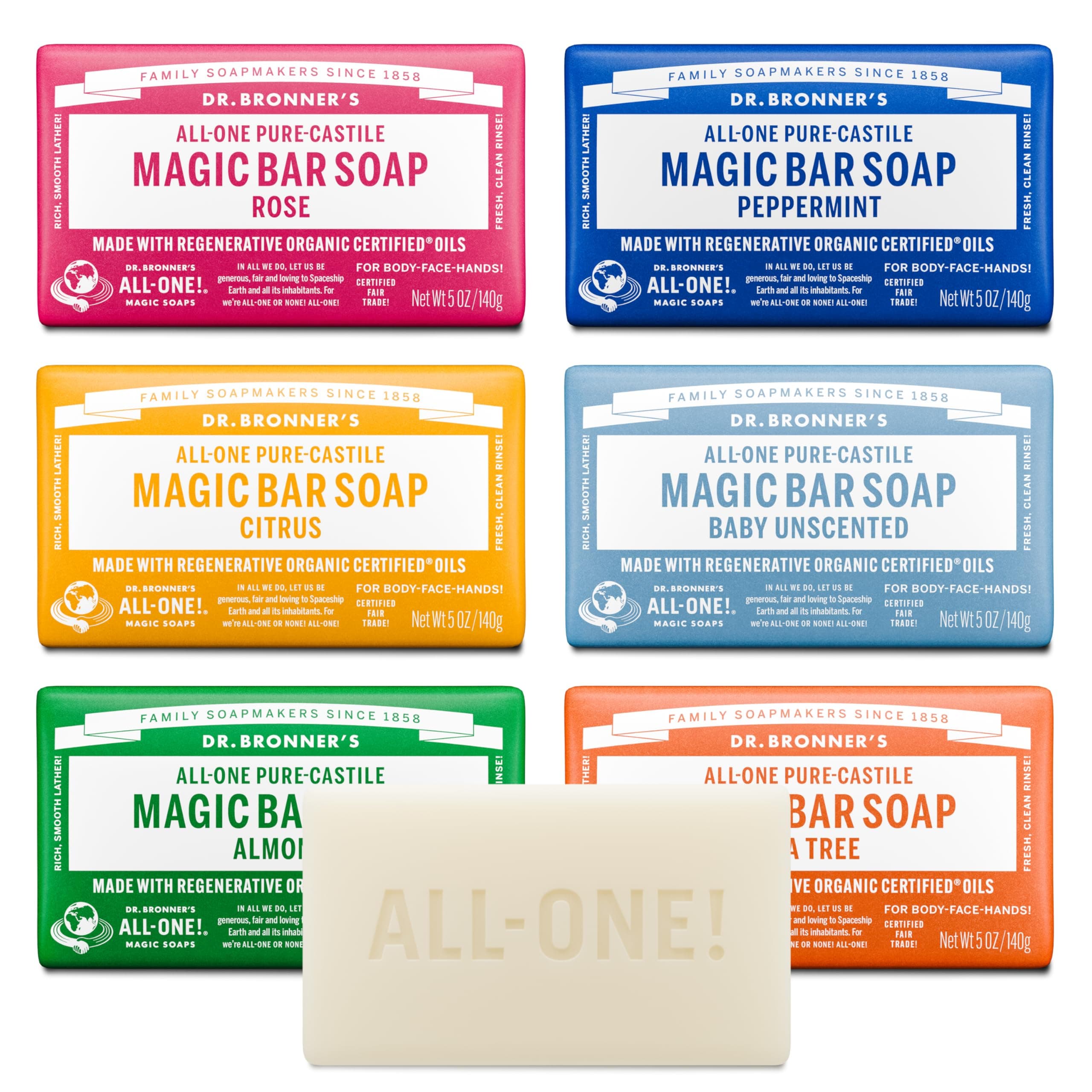 Pure-Castile Magic Bar Soaps (5 Ounce Variety Gift Pack) Almond, Unscented, Lavender, Peppermint, Citrus, Rose - Made with Regenerative Organic Certified Oils, Vegan, Non-GMO