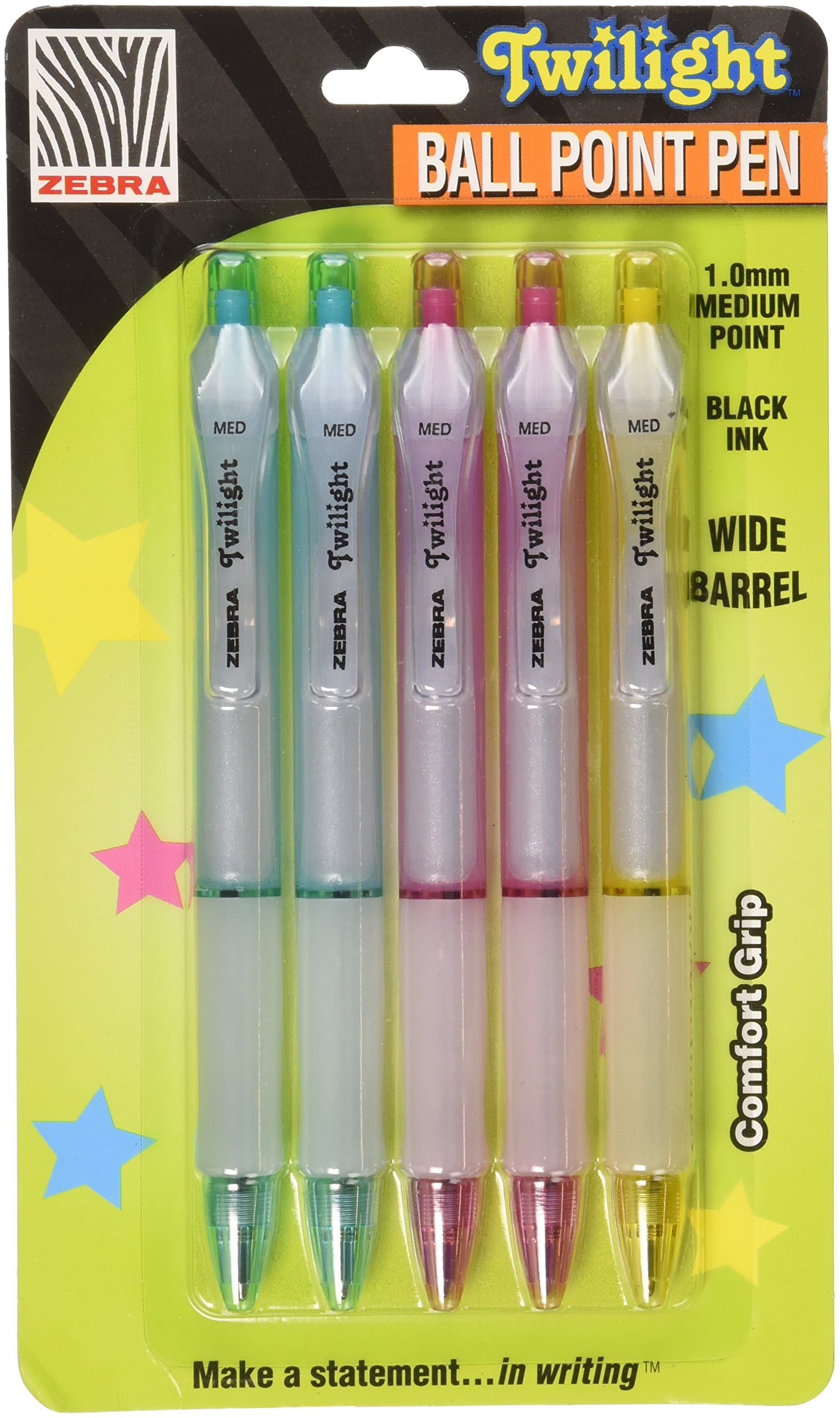 Zebra, Twilight Retractable Ballpoint Pen, 1.0mm, Assorted Barrel, Black Ink, 5 Pack (26205)