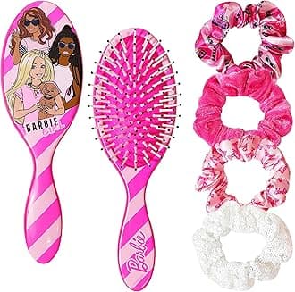 Barbie Hair Accessory 5 Pcs Set - 1 Regular 9 inch Hairbrush & 4 Scrunchies - Detangling Brush Elastic Hair Ties Ropes, Ages 3+