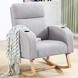 Rocking Chair Nursery, Teddy Nursery Rocking Chairs with Cup Holders, Nursing Rocking Chair Glider Rocker Indoor for Nursery, Living Room, Light Grey