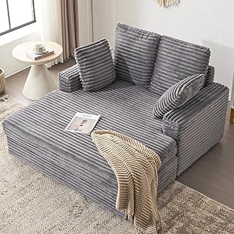 Furnimart Chaise Lounge Chair Indoor, 58 Inch Sleeper Sofa with 2 Throw Pillows, Fluffy Corduroy Loveseat Couch for Living Room, Comfy Oversized Reading Chair, Gray