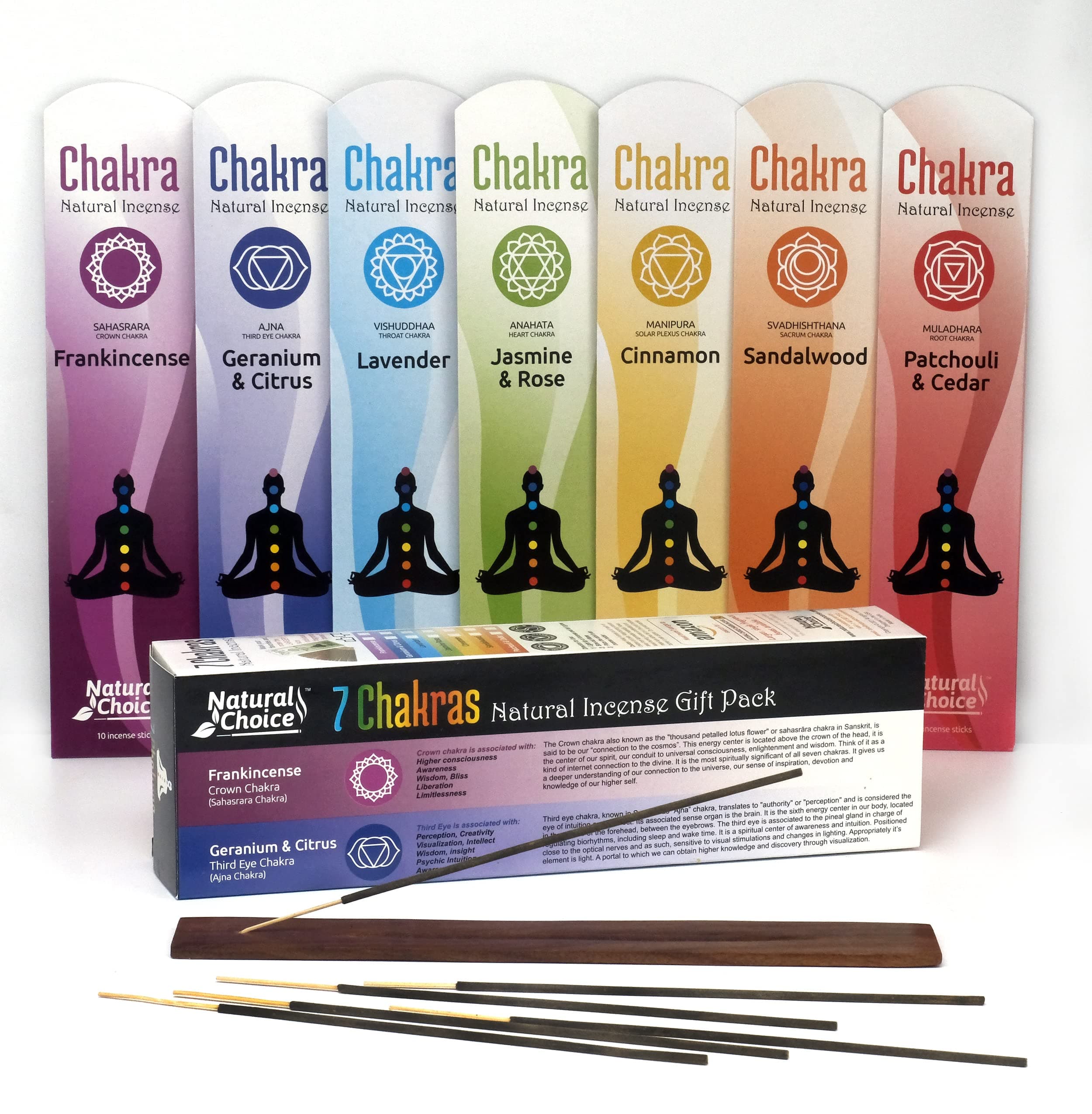 7 Chakra Incense Gift Pack with Incense Burner Total 70 Incense Sticks Sandalwood, Lavender, Frankincense Cinnamon, Geranium Citrus, Jasmine Rose