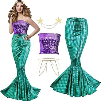 4 Pcs Mermaid Costume for Women Sequin Tube Top Skirt Pearl Waist and Head Chain for Halloween Cosplay