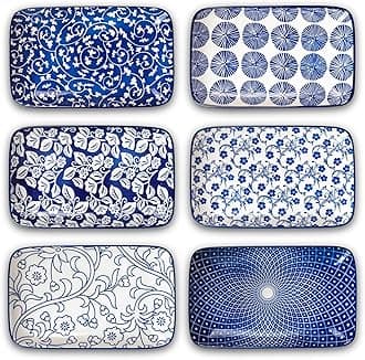 SelamicaCeramic 9.5 Inch Large Rectangular Salad Plates, Dinner Plates, Pasta Dessert Plates Serving Platters and Trays for Appetizer, Sushi, Fruit, Set of 6, Vintage Blue