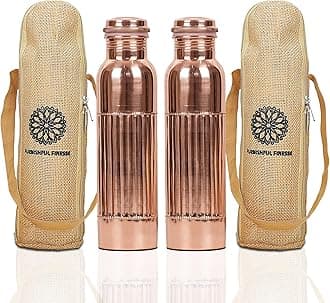 FURNISHFUL FINESSE Copper Water Bottle For Drinking More Water Copper Bottles 1000 ml Alkaline Vessel With Carrying Bag For Sports, Yoga, Gym,Office,Hiking (Pack of 2, Natural Lining Bottle)